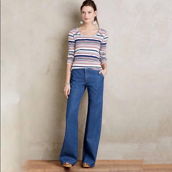 Anthropologie Postmark Joliette Sweater, Medium Striped Gray White Red Blue - Picture 3 of 10